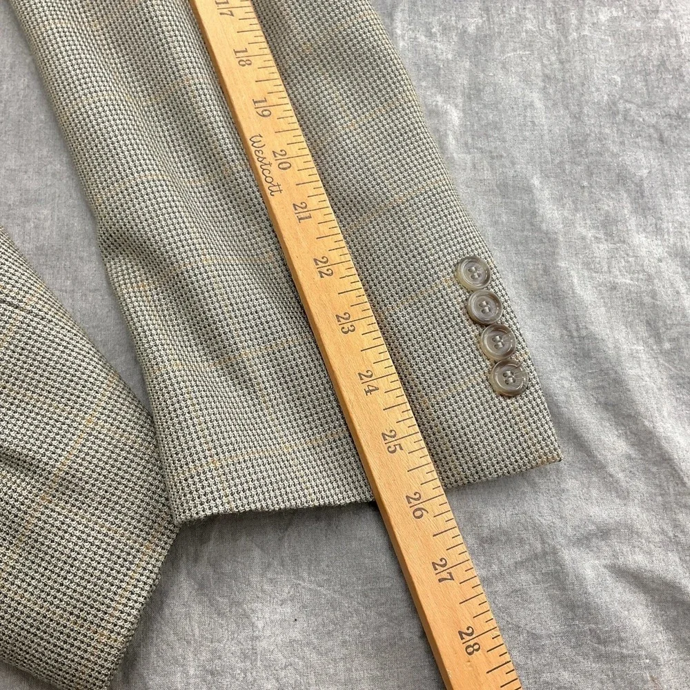 Andrew Fezza Blazer Men 41 Long Tan Gray Glen Plaid Gold Silk Wool Classic